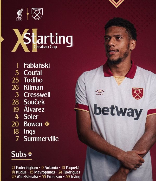 West Ham lineup vs Liverpool FC 2024