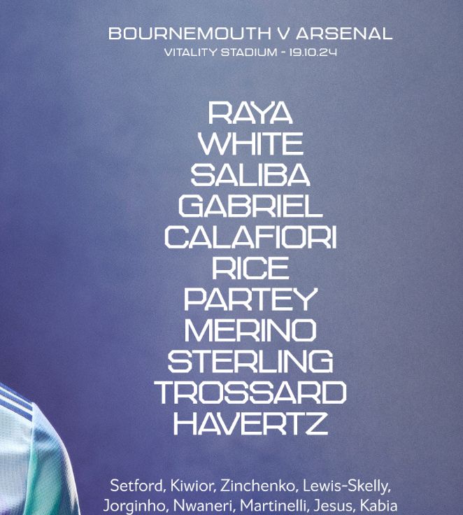 Arsenal FC starting lineup vs AFC Bournemouth 2024-25