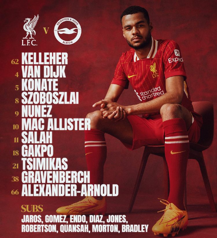 Liverpool FC vs Brighton Hove Albion FC Lineups 2024-25 Premier League