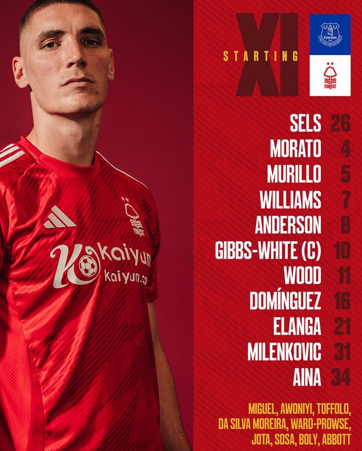 Nottingham Forest starting lineup vs Everton FC 2024-25