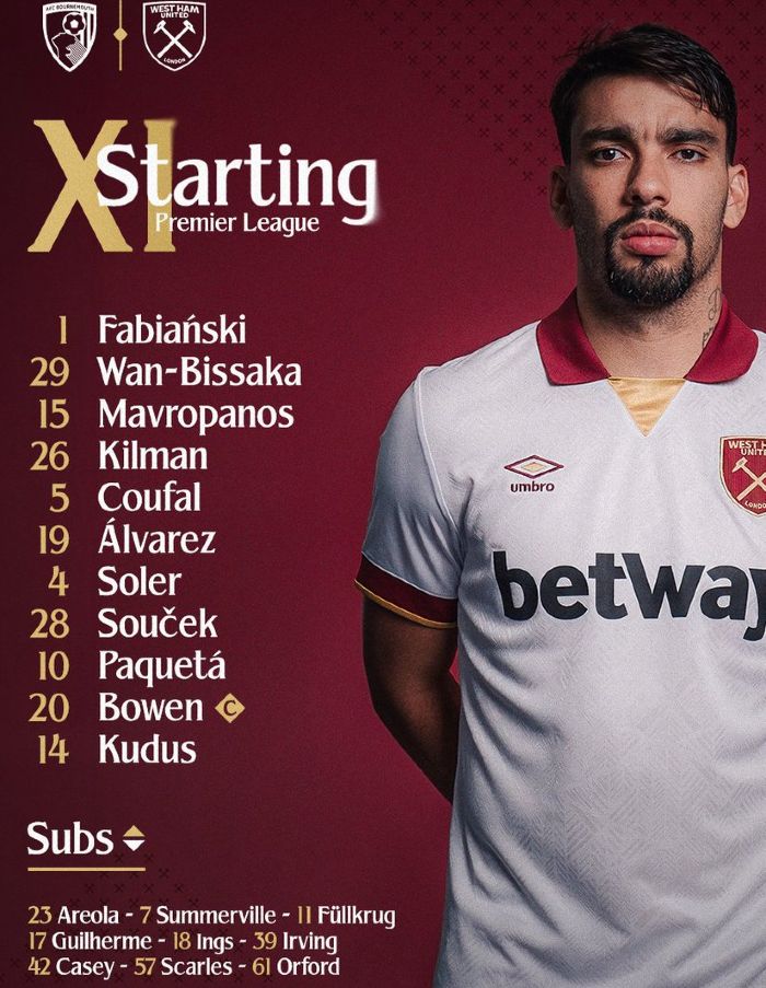 West Ham starting lineup vs AFC Bournemouth 2024-25