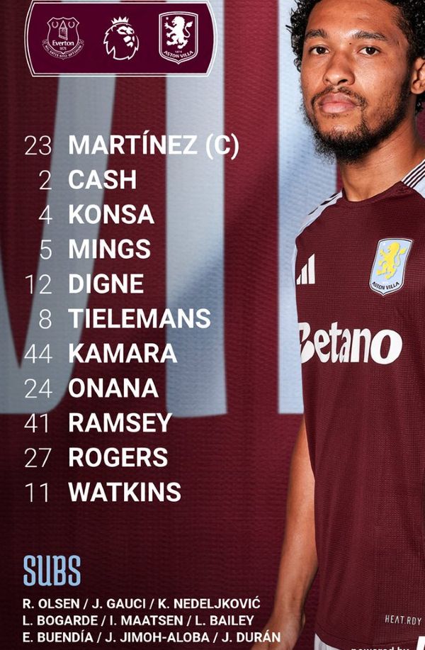 Aston Villa FC starting lineup vs Everton FC 2024-25