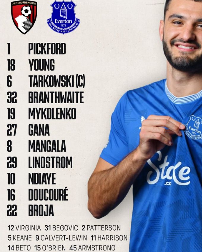 Everton FC starting lineup vs AFC Bournemouth 2024-25