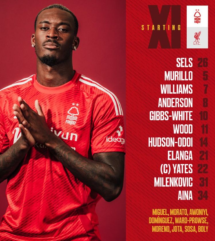 Nottingham Forest FC vs Liverpool FC Lineups 2025