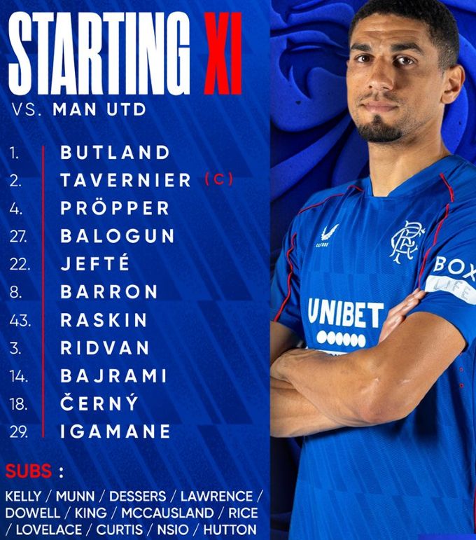 Rangers FC starting lineup vs Manchester United FC Europa League January 2025