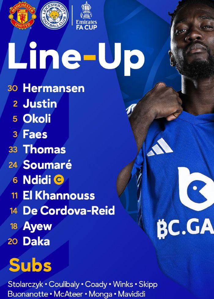 Leicester City FC starting lineup vs Man United 2025 FA Cup