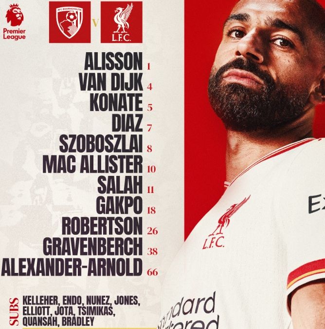 Liverpool FC starting lineup vs AFC Bournemouth 2025